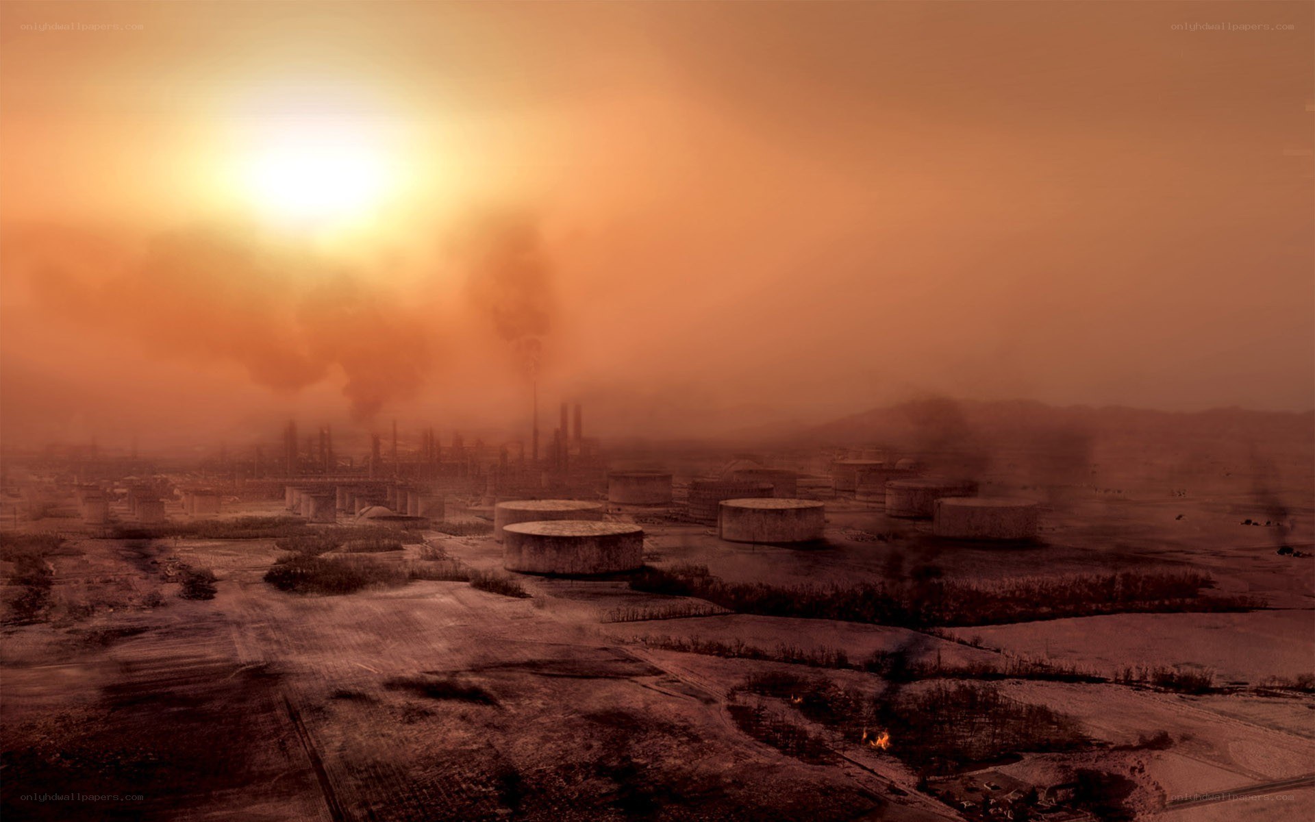 Industrial complex at sunset