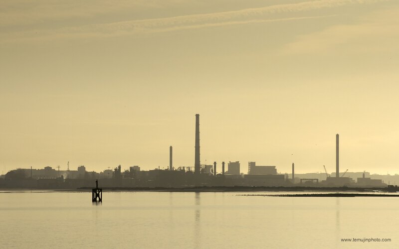 Industrial Complex Silhouette — Yellow, Hazy