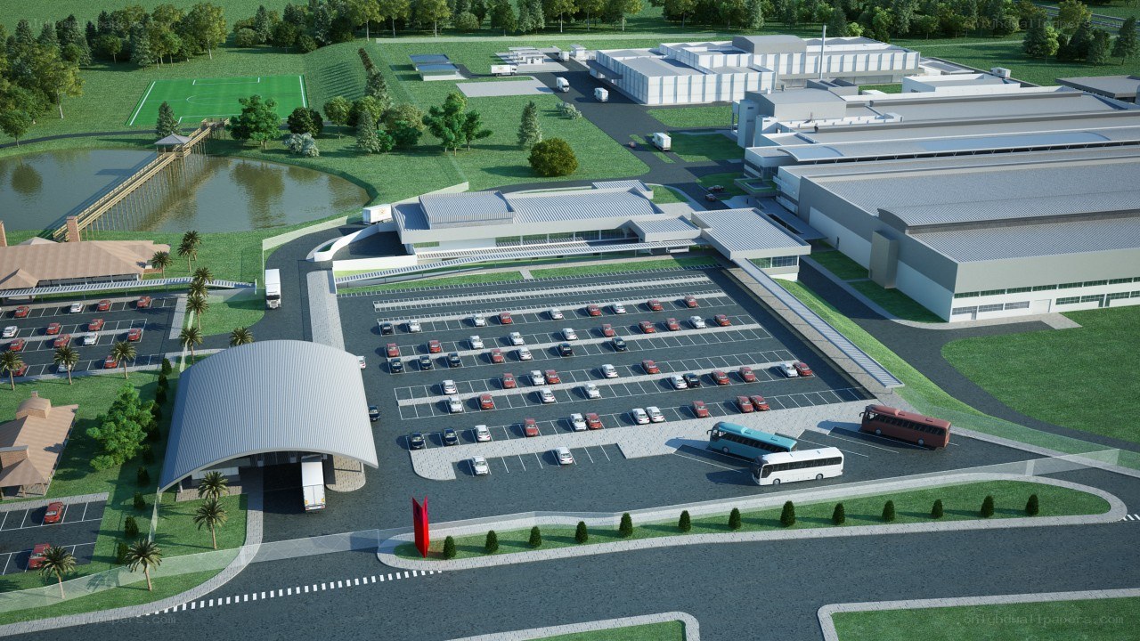 Industrial complex with parking and pond