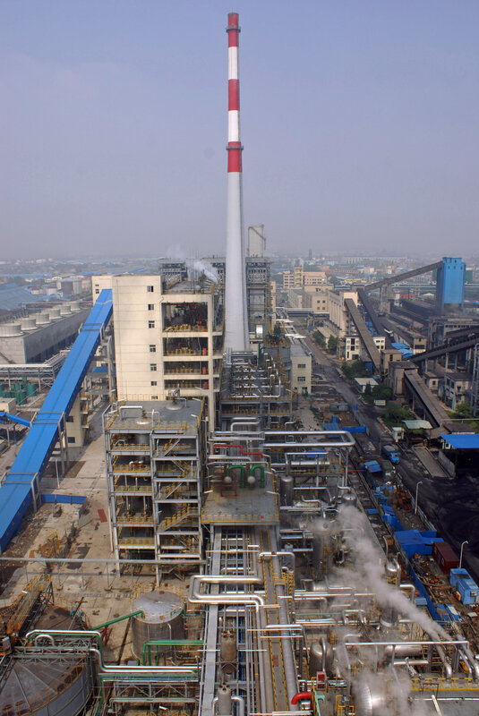 Industrial complex with smokestack
