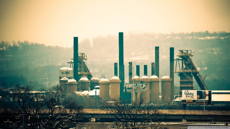 industrial complex with smokestacks
