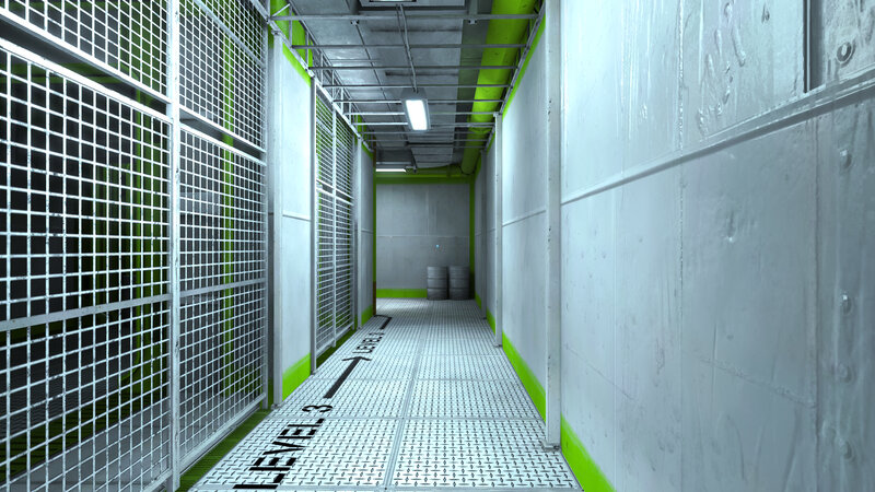 Industrial corridor with green accents