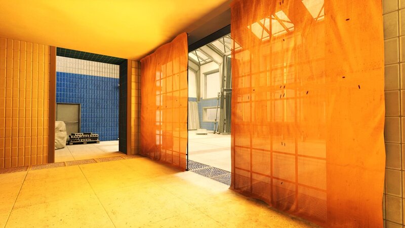 industrial corridor with orange curtains