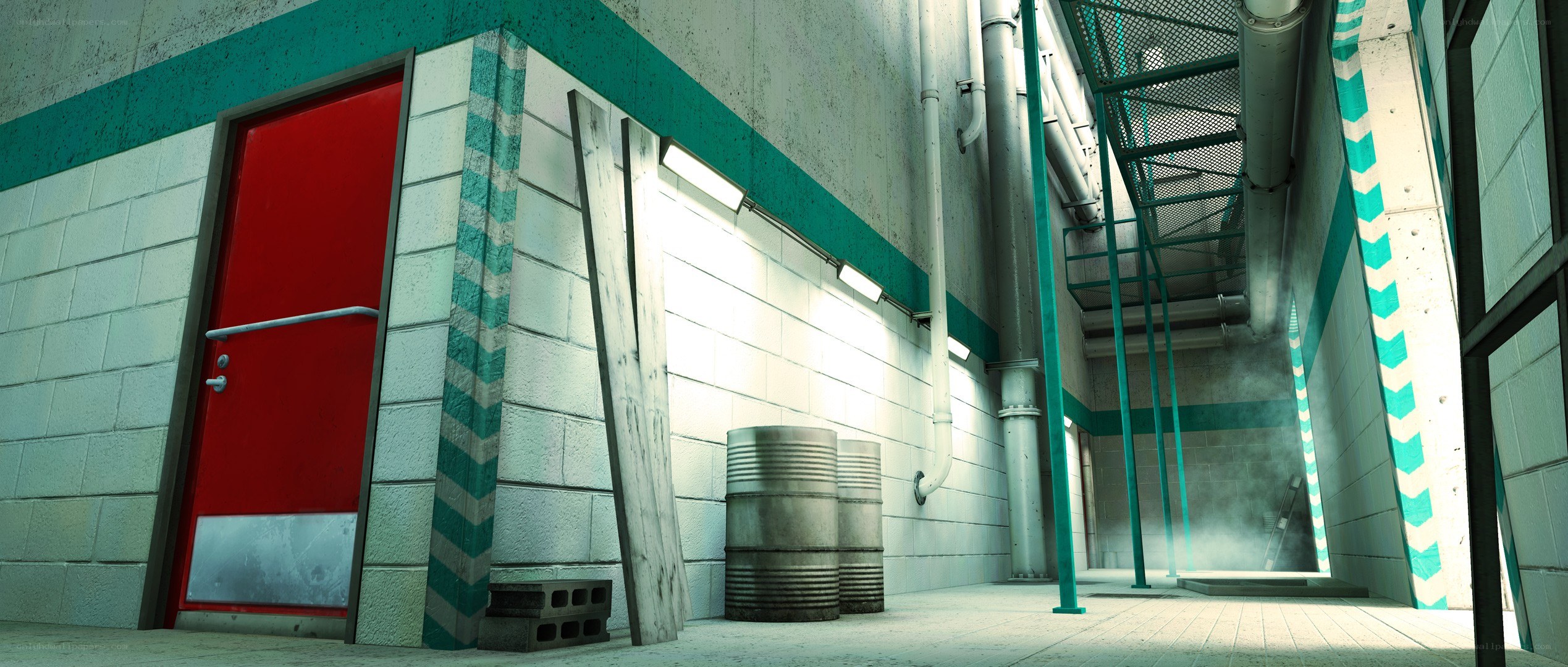 industrial corridor with red door
