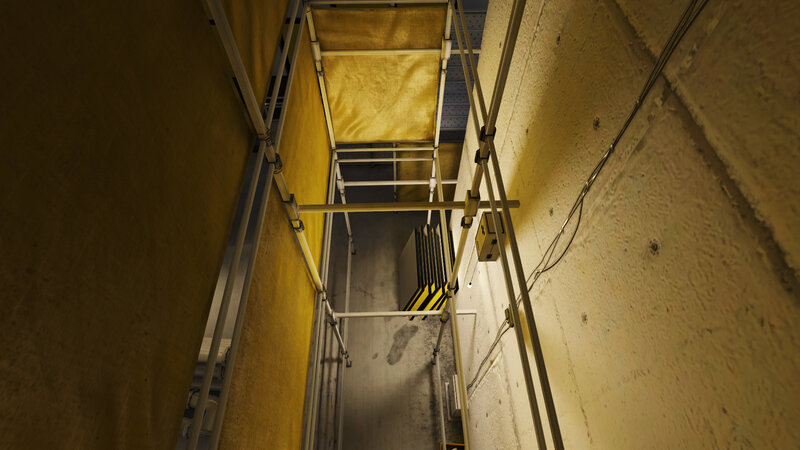 industrial corridor with scaffolding