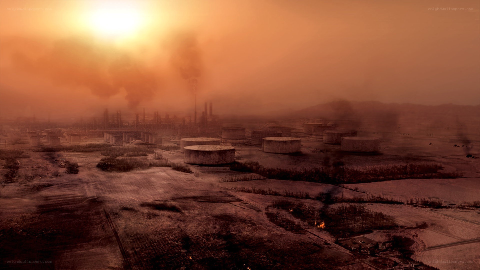 Industrial disaster at sunset