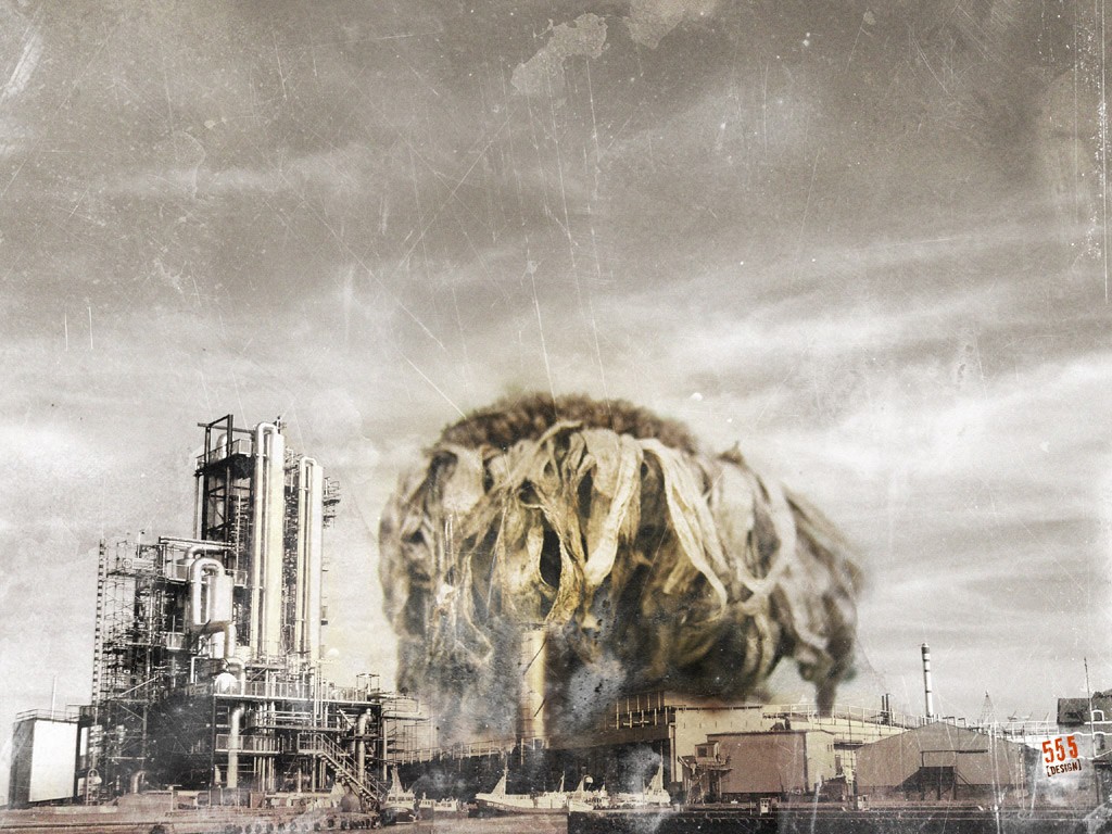 Industrial explosion with monster