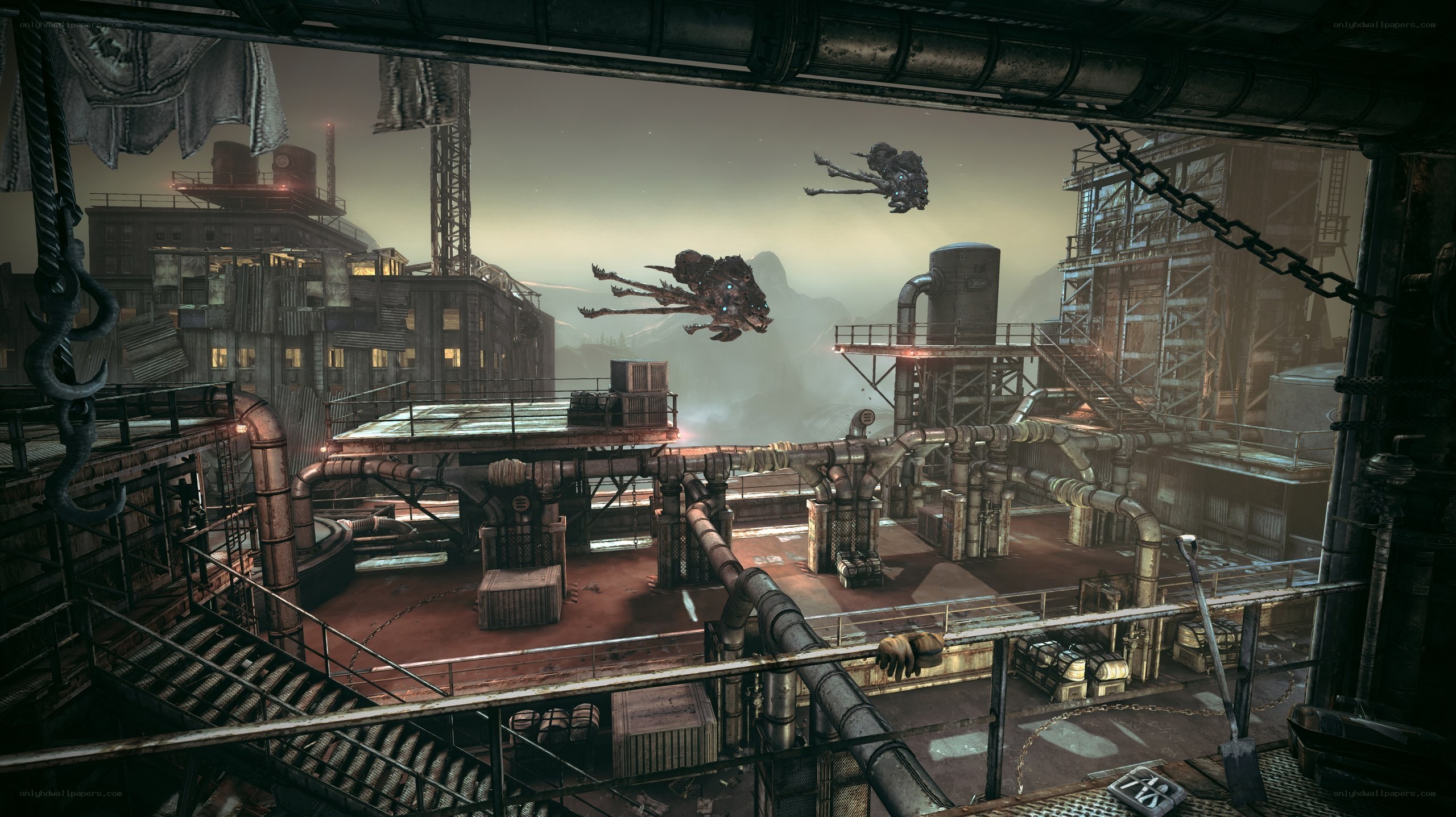 industrial facility with flying creatures