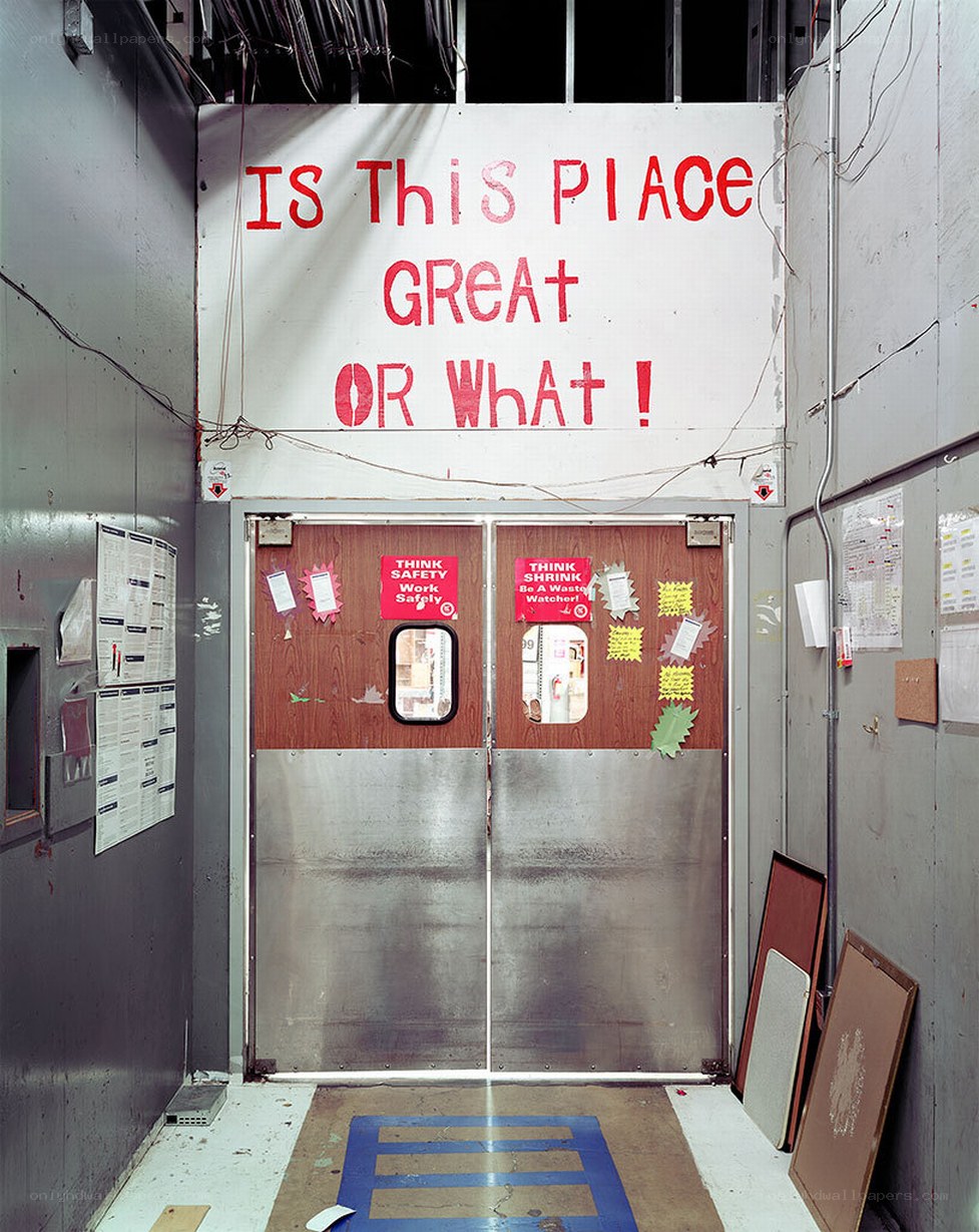 Industrial hallway with sign