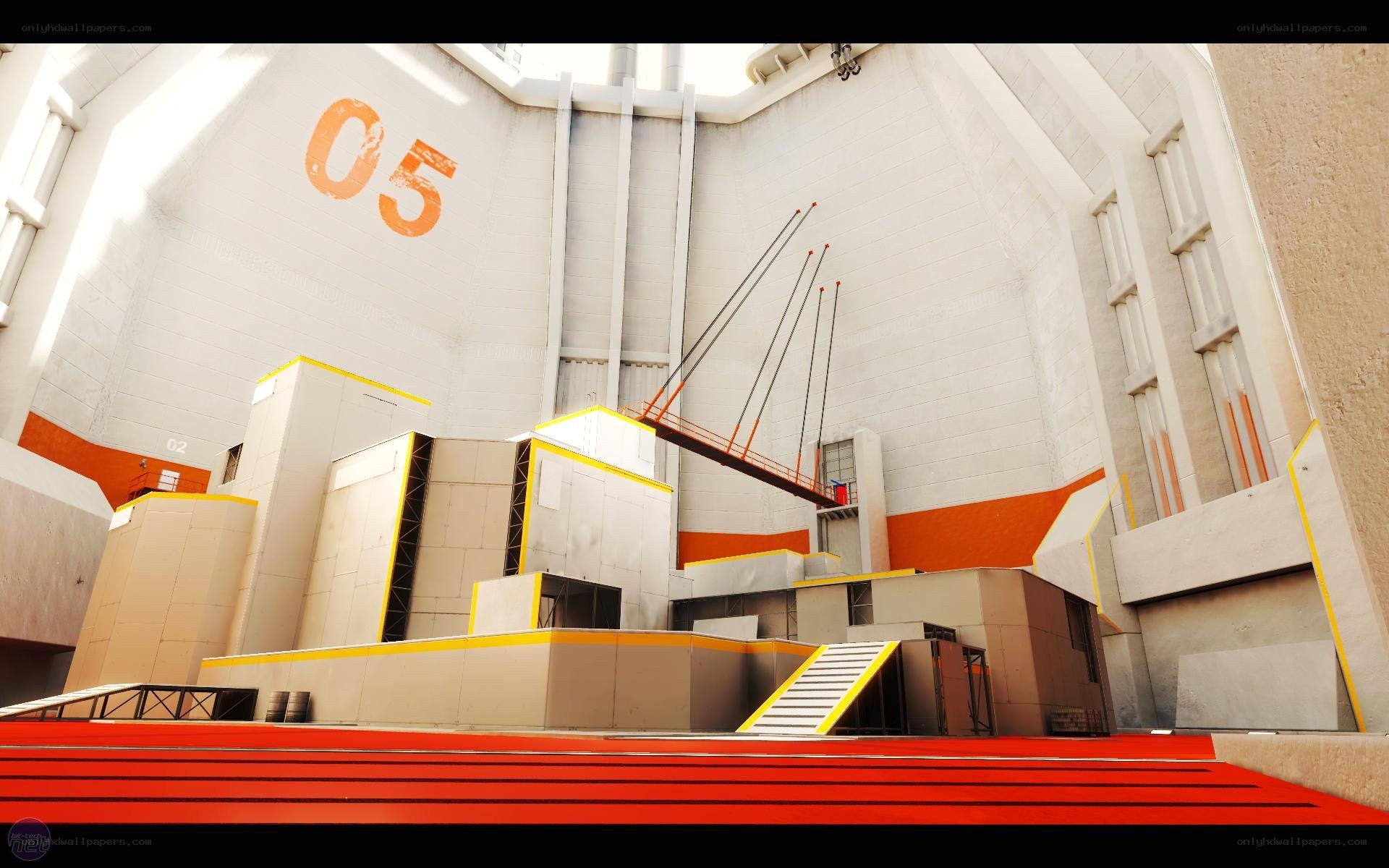 industrial interior with red stairs