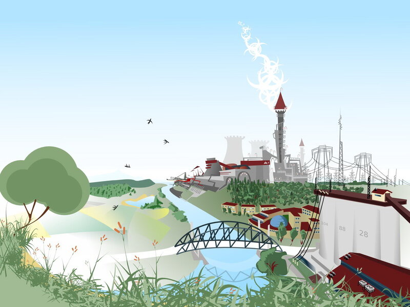 Industrial landscape with river and power plant