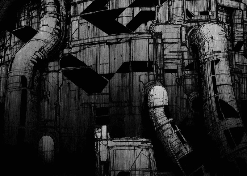 Industrial Machinery Interior — Black, Dramatic, Manga