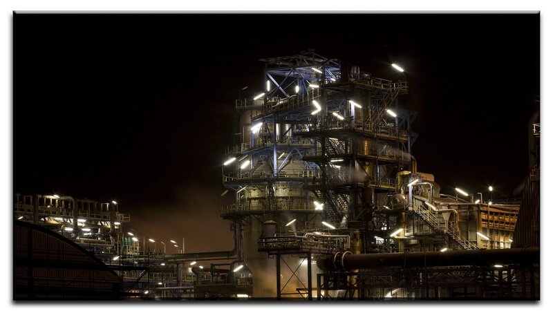 Industrial Plant at Night — Black, Dramatic, Photograph, Towers