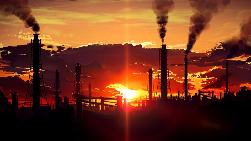 Industrial Plant at Sunset — Orange, Dramatic, Anime