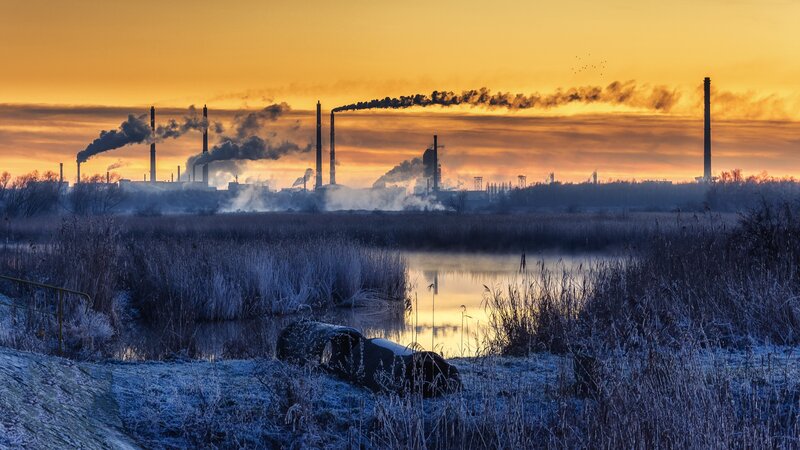 Industrial Plant at Sunset — Orange, Dramatic, Photograph, Smokestacks