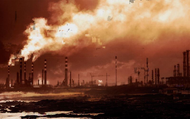 Industrial Plant at Sunset — Orange, Dramatic, Photograph