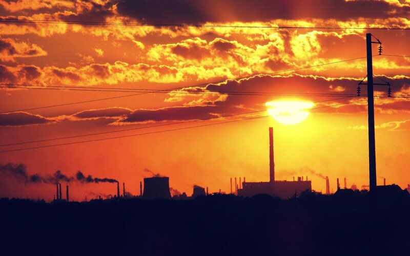 Industrial Plant at Sunset — Orange, Dramatic