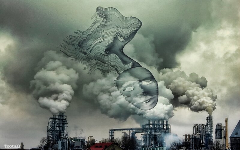 industrial pollution with surreal figure