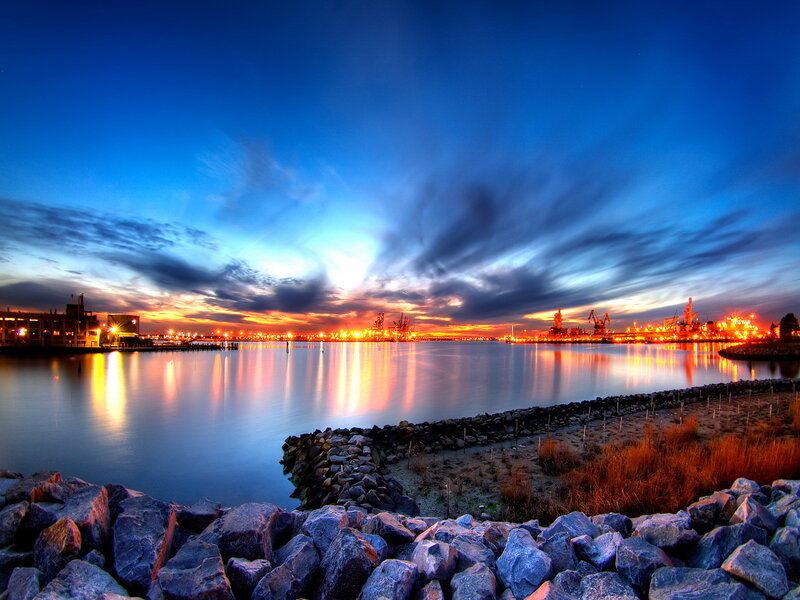 Industrial Port at Dusk — Blue, Dramatic