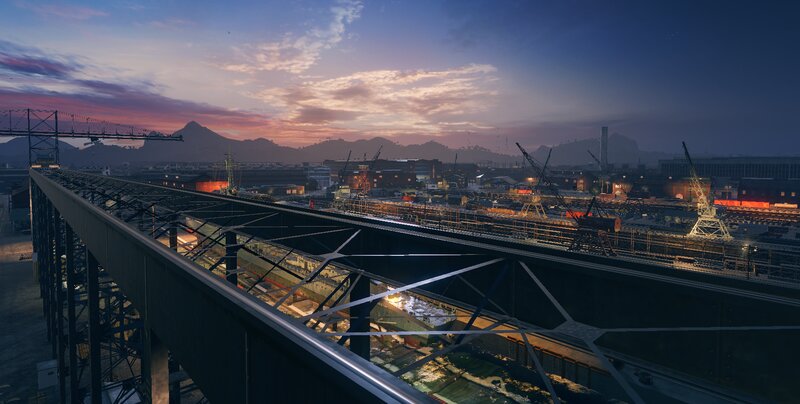 Industrial Port at Dusk — Purple, Dramatic