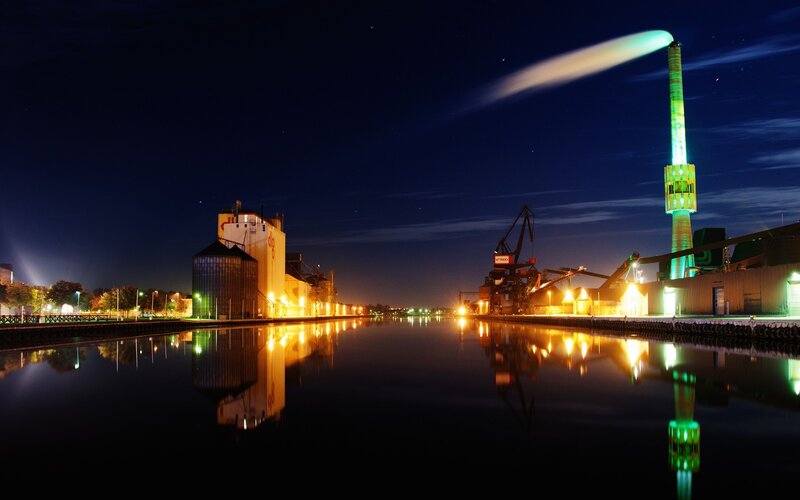 Industrial Port at Night — Blue, Dramatic, Photograph