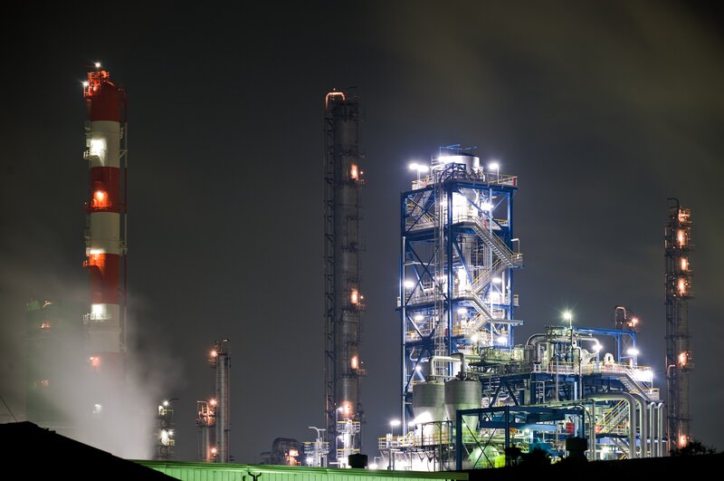 Industrial Refinery at Night — Black, Dramatic