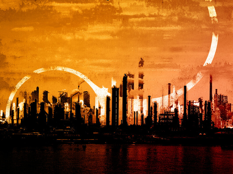industrial skyline at sunset