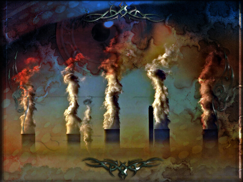 industrial smokestacks at dusk