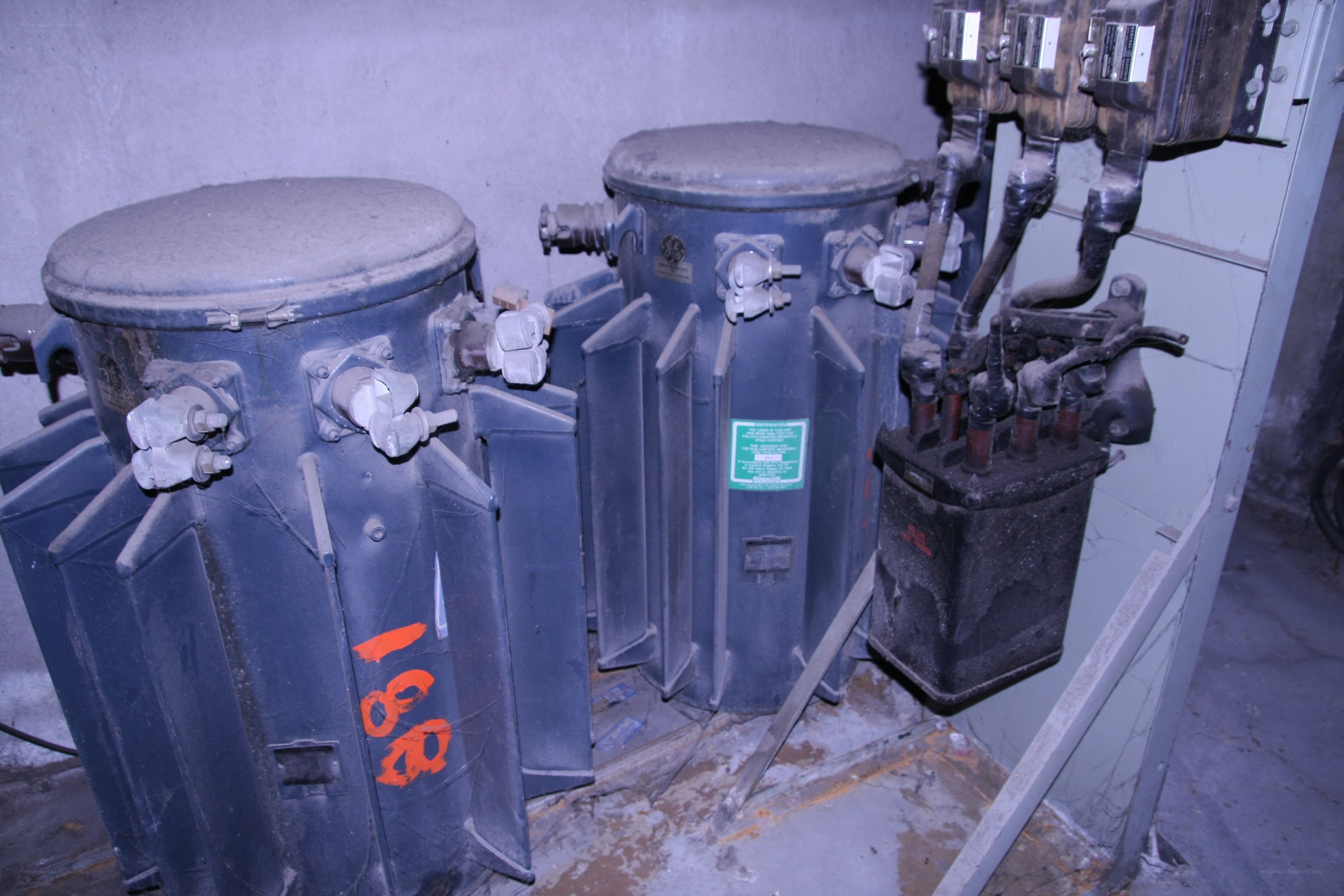 Industrial transformers in a utility room