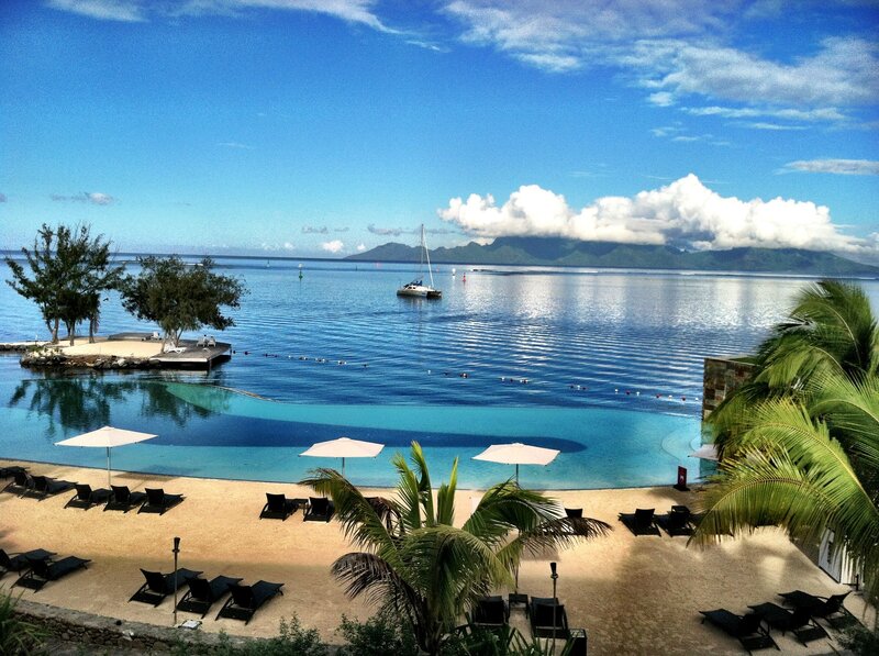 Infinity Pool at Beach Resort — Blue, Serene, Afternoon, Photograph, Sailboat