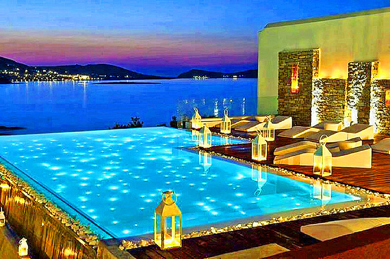 Infinity Pool at Dusk — Blue, Serene, Night, Photograph, Lanterns