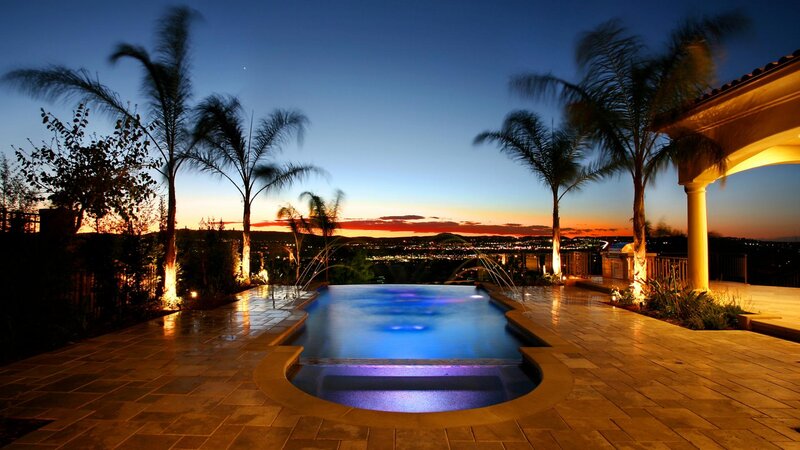 Infinity Pool at Dusk — Blue, Serene, Sunset, Photograph, Palm Trees