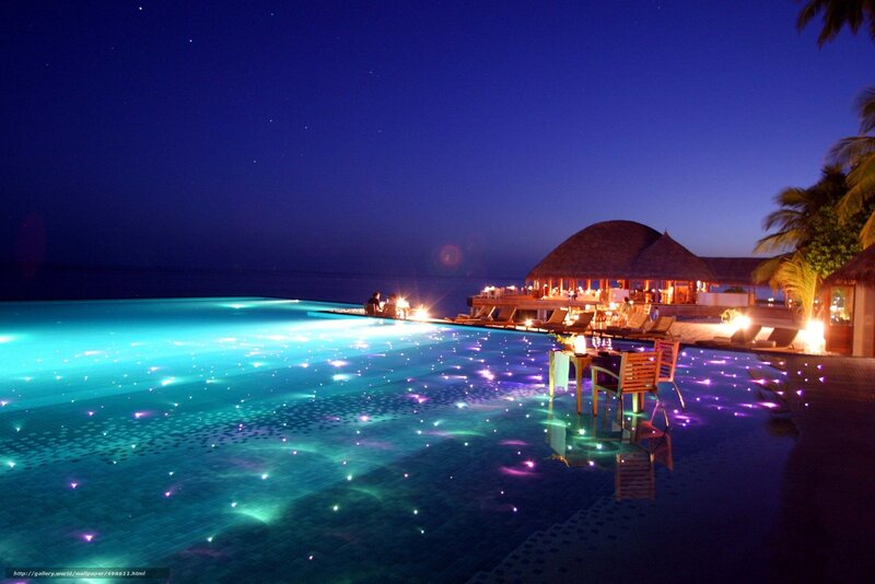 Infinity Pool at Night — Blue, Serene, Photograph, Cabana, Palm Trees