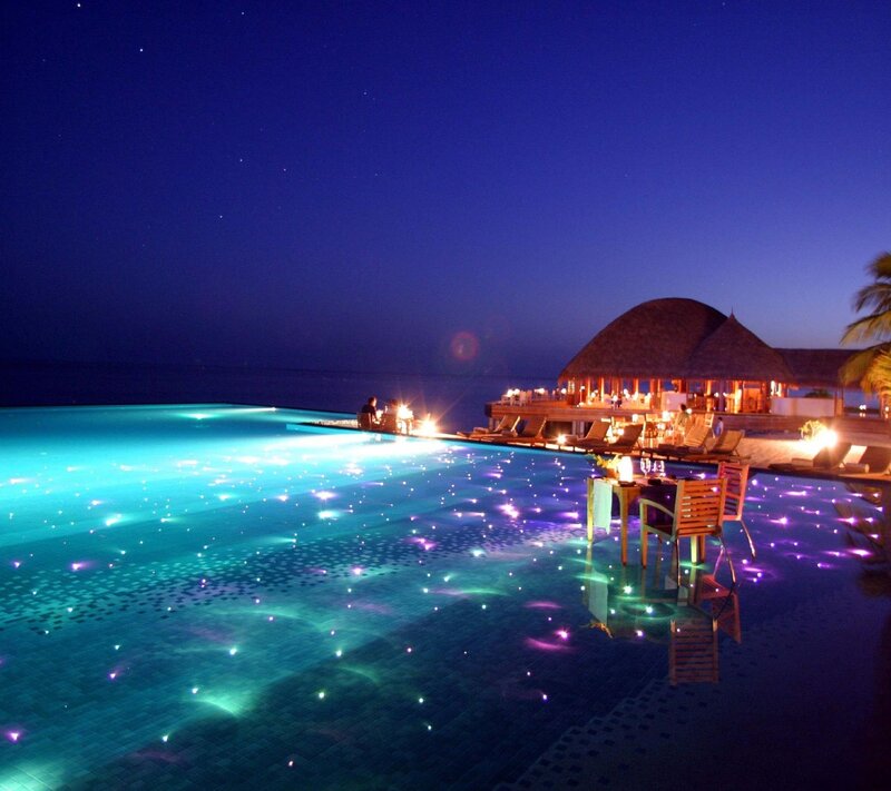 Infinity Pool at Night — Blue, Serene, Photograph, Cabana