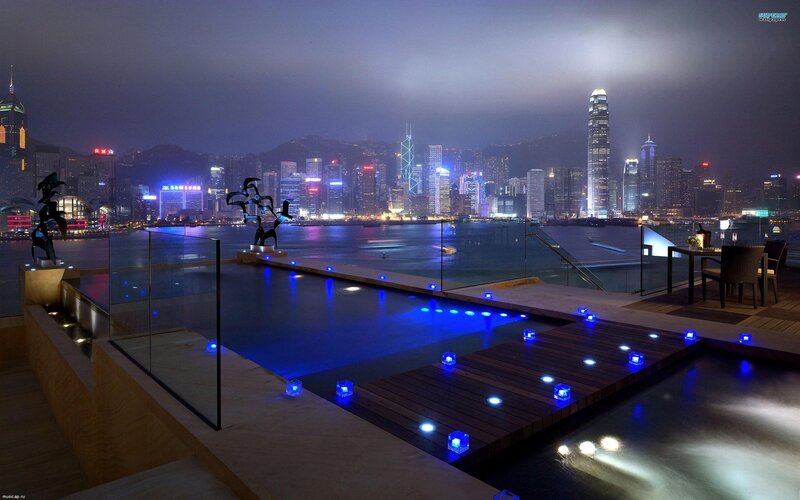 Infinity Pool at Night — Blue, Serene, Photograph, City Skyline