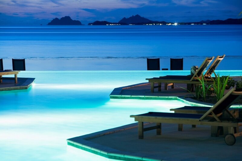 Infinity Pool at Night — Blue, Serene, Photograph, Loungers