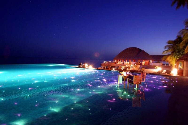 Infinity Pool at Night — Blue, Serene, Photograph, Palm Trees, Cabana