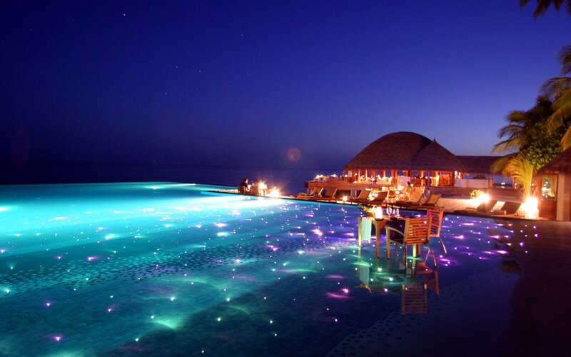 Infinity Pool at Night — Blue, Serene, Photograph, Palm Trees, Restaurant