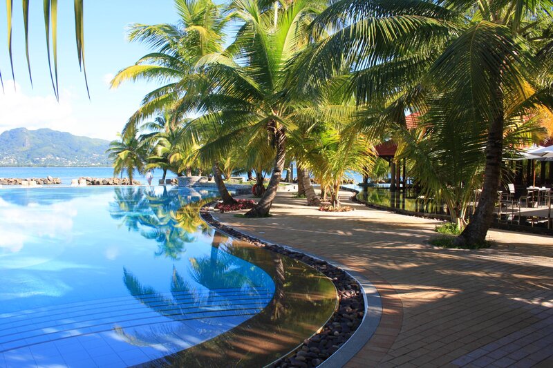 Infinity Pool at Resort — Blue, Serene, Afternoon, Photograph, Palm Trees, Ocean, Mountain
