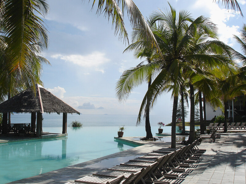 Infinity Pool at Resort — Blue, Serene, Afternoon, Photograph, Palm Trees, Ocean