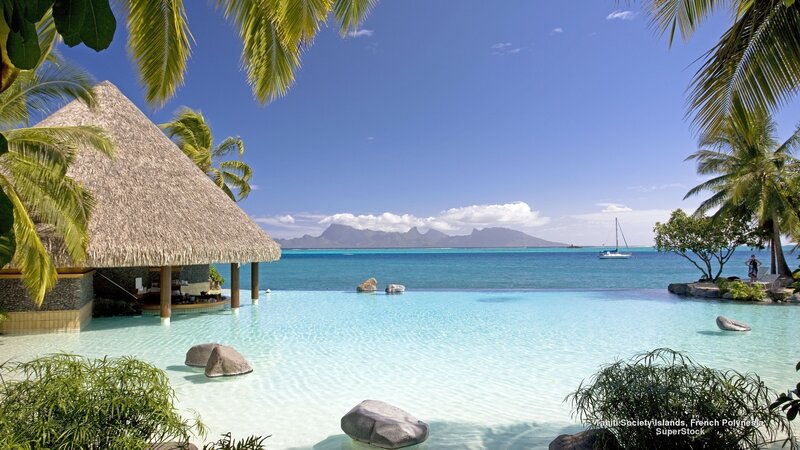 Infinity Pool at Resort — Blue, Serene, Afternoon, Photograph, Palm Trees, Sailboat