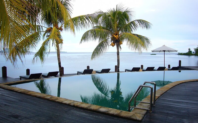 Infinity Pool at Resort — Blue, Serene, Morning, Photograph, Palm Trees