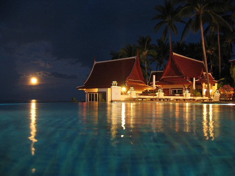 Infinity Pool at Resort — Blue, Serene, Night, Photograph, Moon