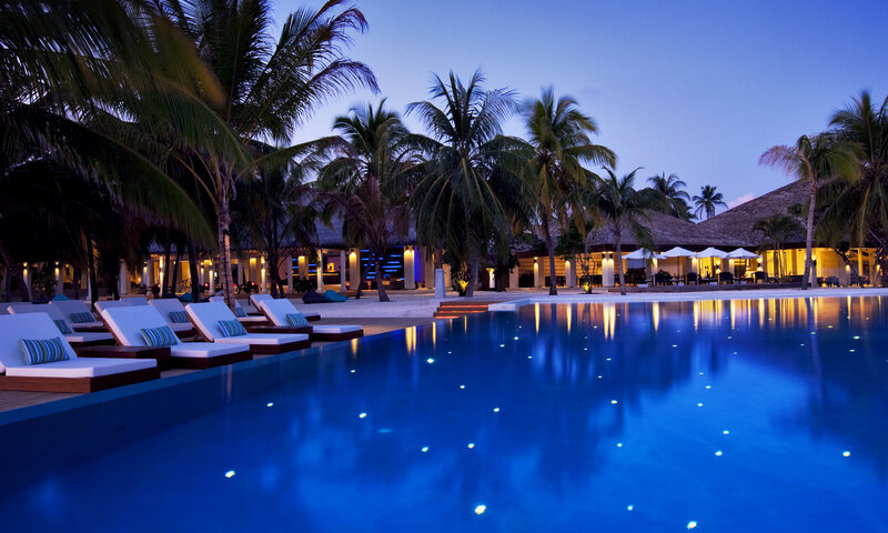 Infinity Pool at Resort — Blue, Serene, Night, Photograph, Palm Trees, Lounge Chairs, Building