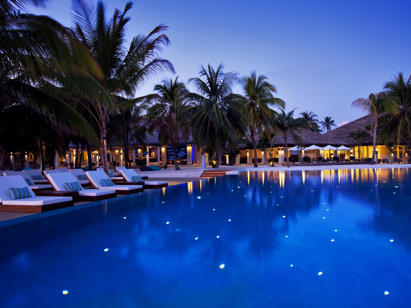 Infinity Pool at Resort — Blue, Serene, Night, Photograph, Palm Trees, Lounge Chairs