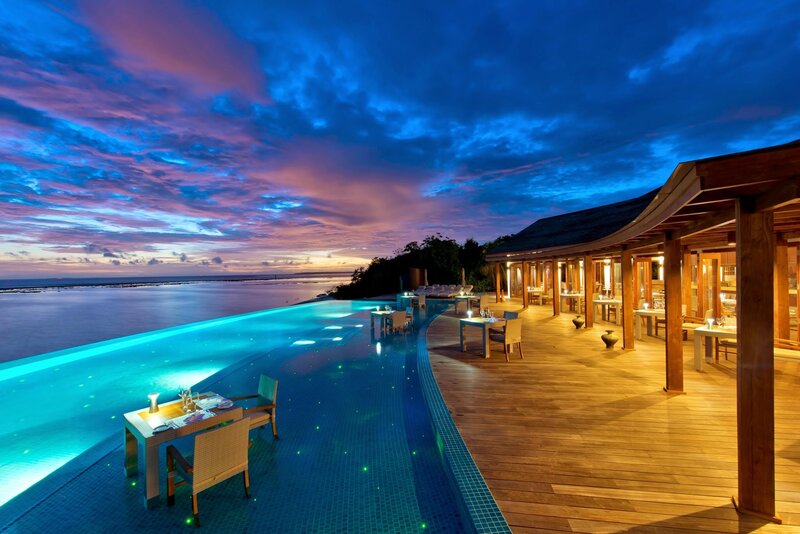 Infinity Pool at Resort — Blue, Serene, Sunset, Photograph, Deck