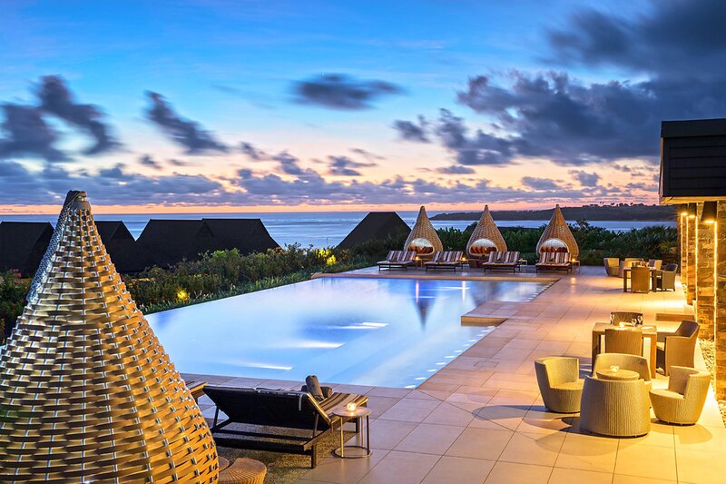 Infinity Pool at Resort — Blue, Serene, Sunset, Photograph, Lounge Chairs, Ocean, Sky