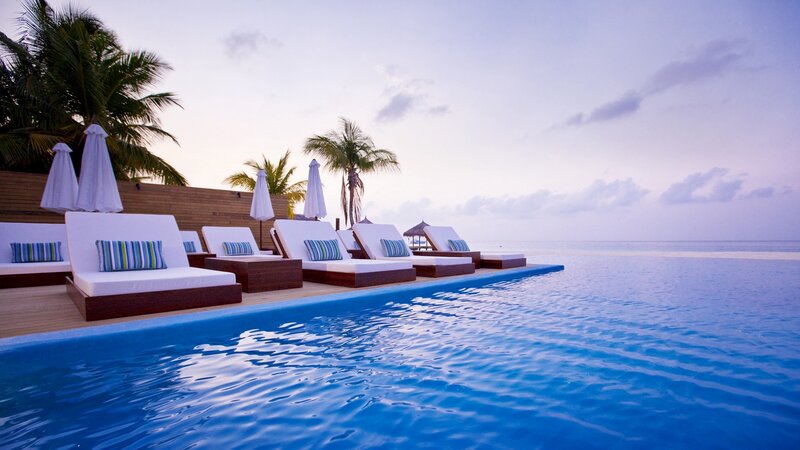 Infinity Pool at Resort — Blue, Serene, Sunset, Photograph, Loungers, Palm Trees