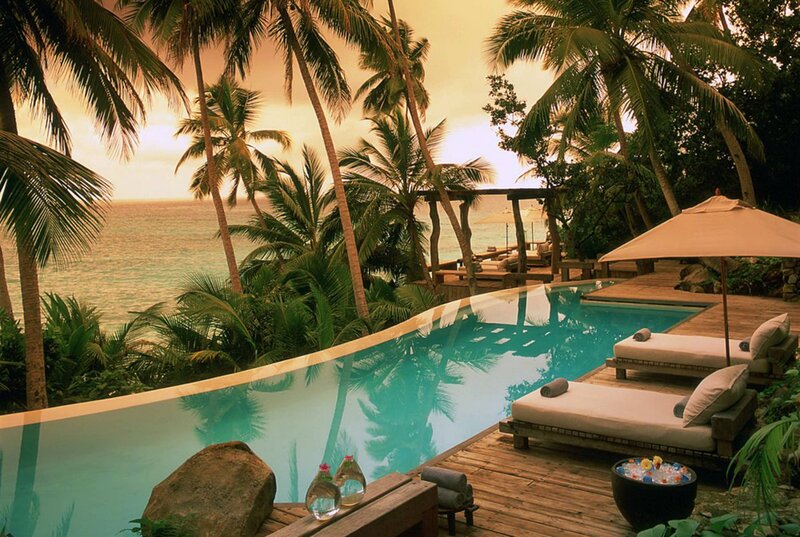 Infinity Pool at Resort — Blue, Serene, Sunset, Photograph, Palm Trees, Ocean