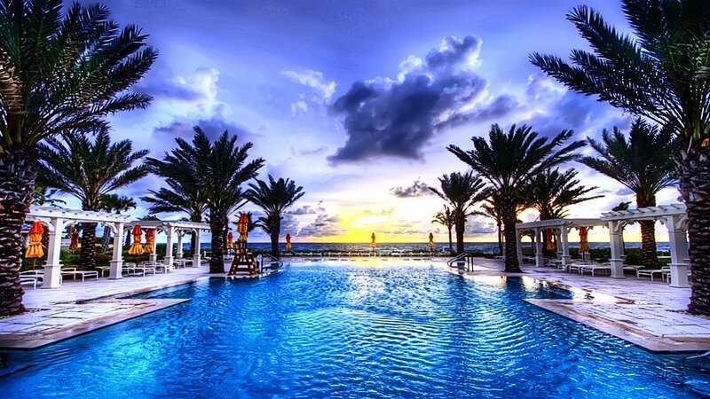 Infinity Pool at Sunset — Blue, Dramatic, Photograph, Palm Trees, Ocean